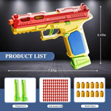 Jouet pistolet billes lego design coloré rouge jaune vert avec poignée en mousse bleue pour jeu actif billes souples