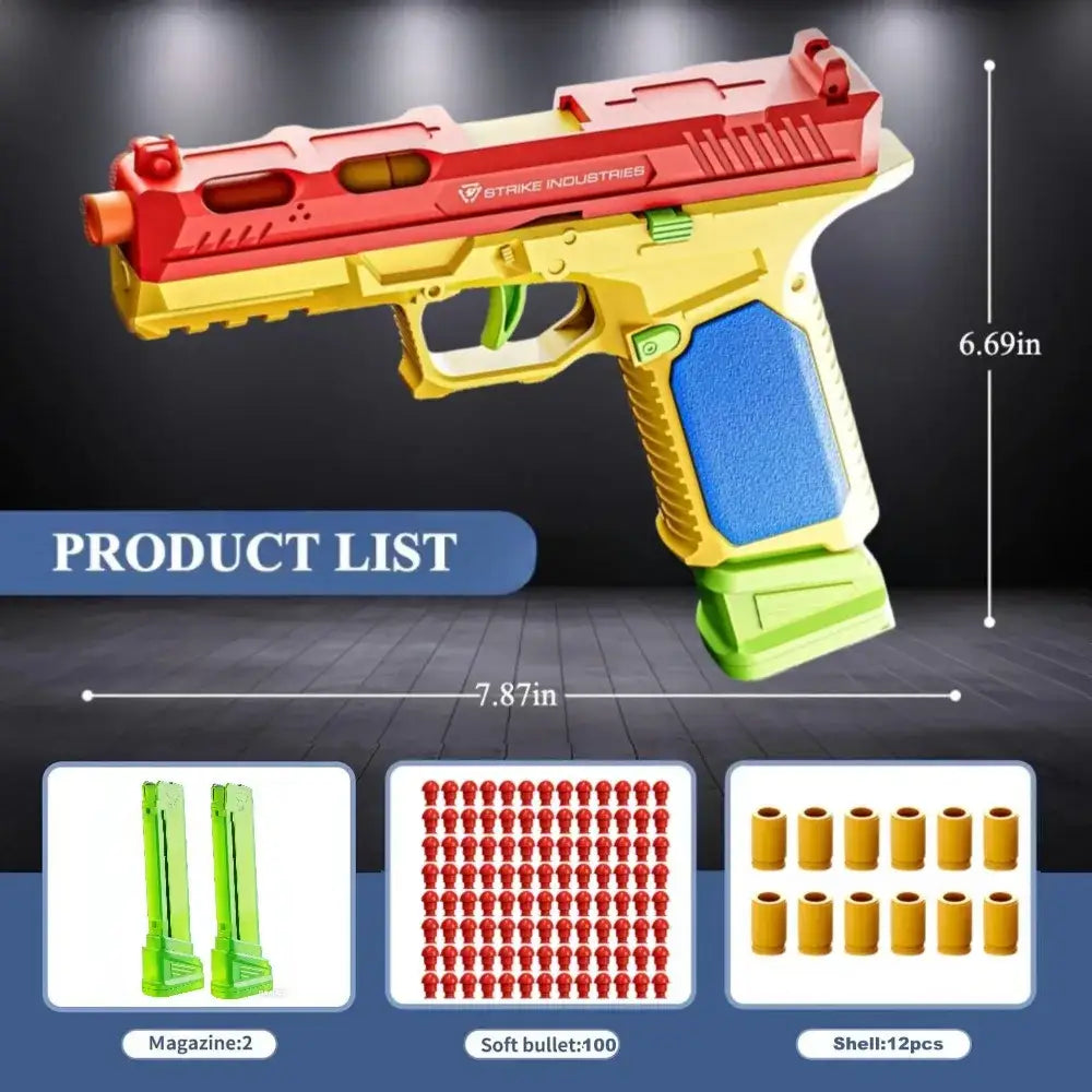 Jouet pistolet billes lego design coloré rouge jaune vert avec poignée en mousse bleue pour jeu actif billes souples