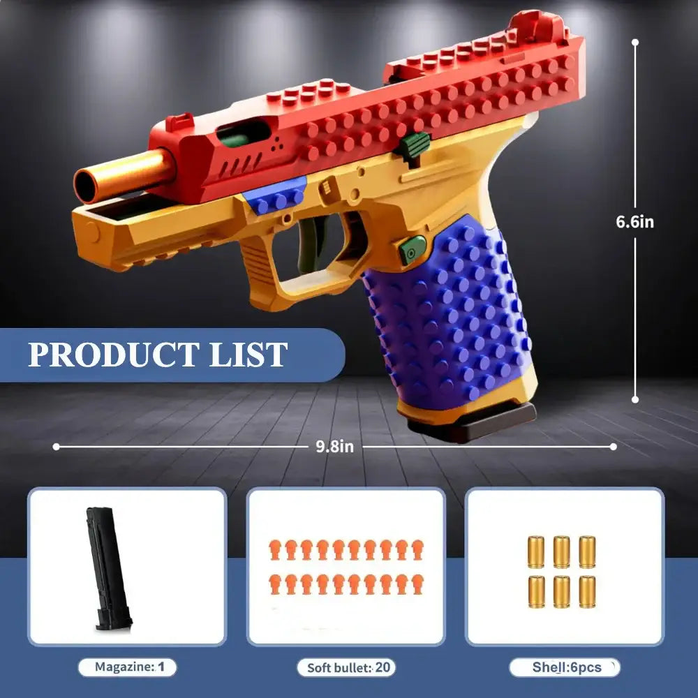 Pistolet à billes design coloré en briques lego avec canon rouge, cadre doré et poignée bleue pour jeu actif billes souples