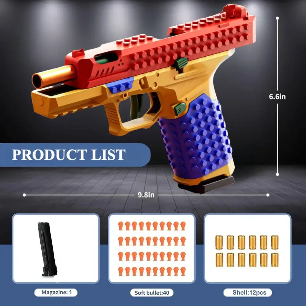 Jouet pistolet billes lego coloré en briques plastiques avec poignée bleue pour jeu actif billes souples