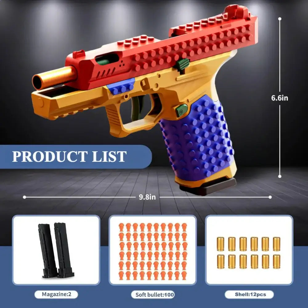 Jouet pistolet billes lego design coloré rouge or bleu avec poignée texturée pour jeu actif billes souples