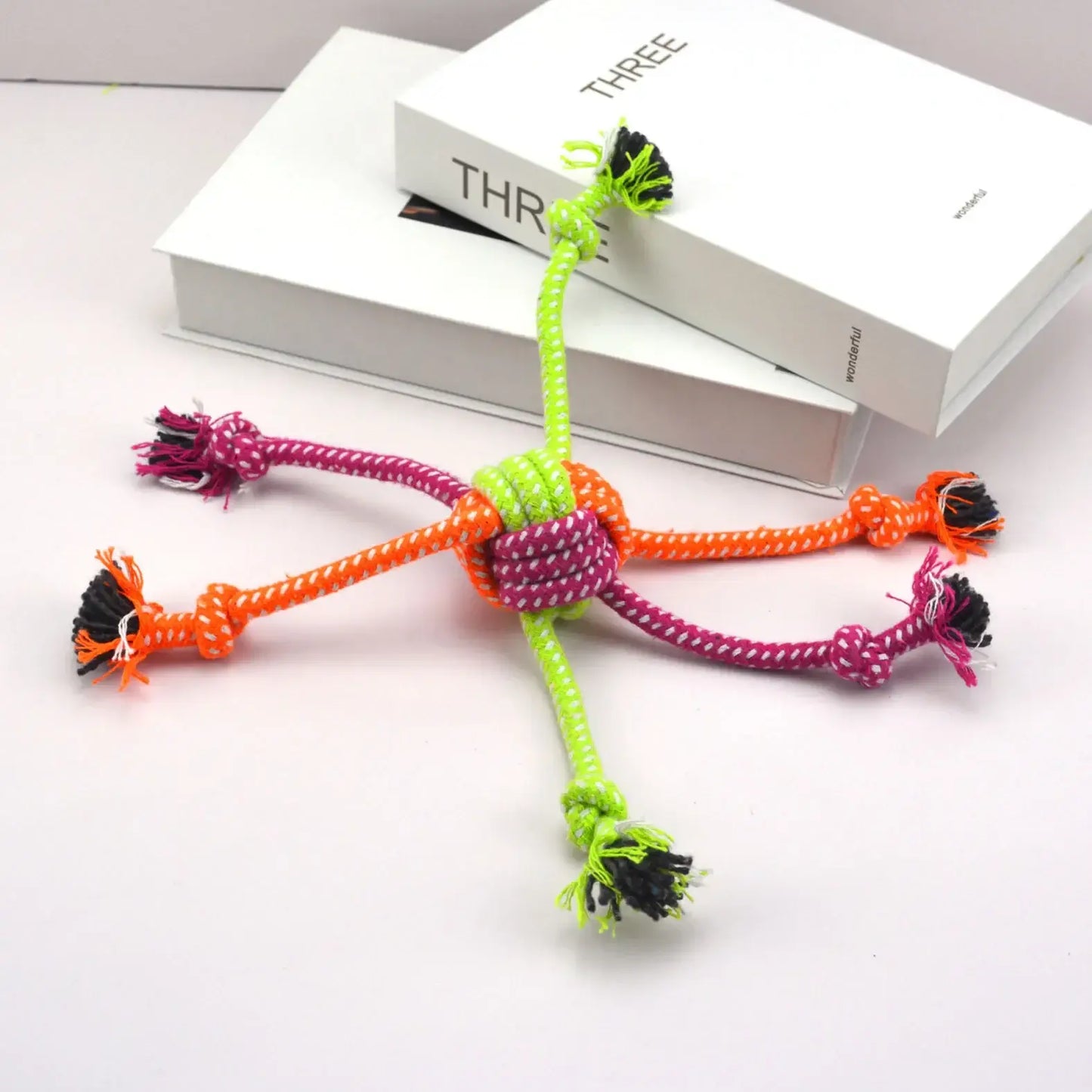 Jouet pour chien corde à mâcher ultra résistante en corde colorée nouée avec verts, orange et magenta