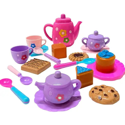 Jouet service à thé pour enfants en plastique rose à motifs floraux avec couvercle et anse pour goûters imaginaires