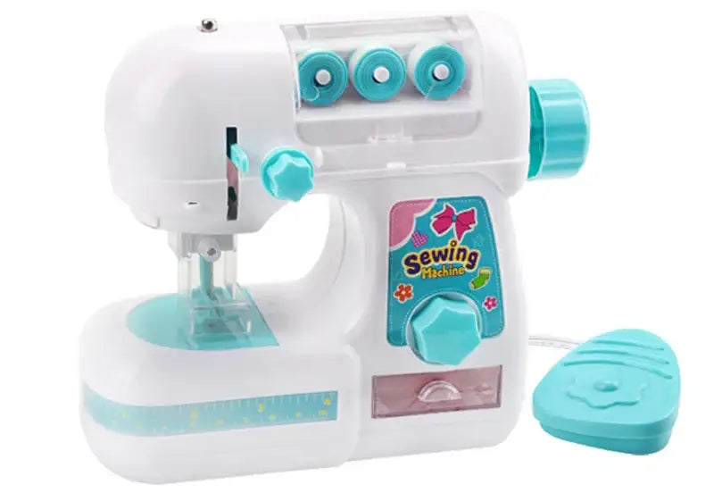 Jouet simulation machine à coudre pour enfants en plastique blanc et teal avec décor floral coloré cadeau idéal