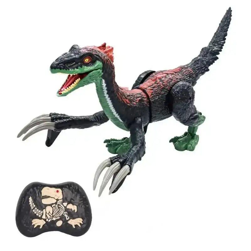 Jouet télécommandé dinosaure velociraptor noir et rouge avec accents verts yeux orange lumineux corps texturé détaillé