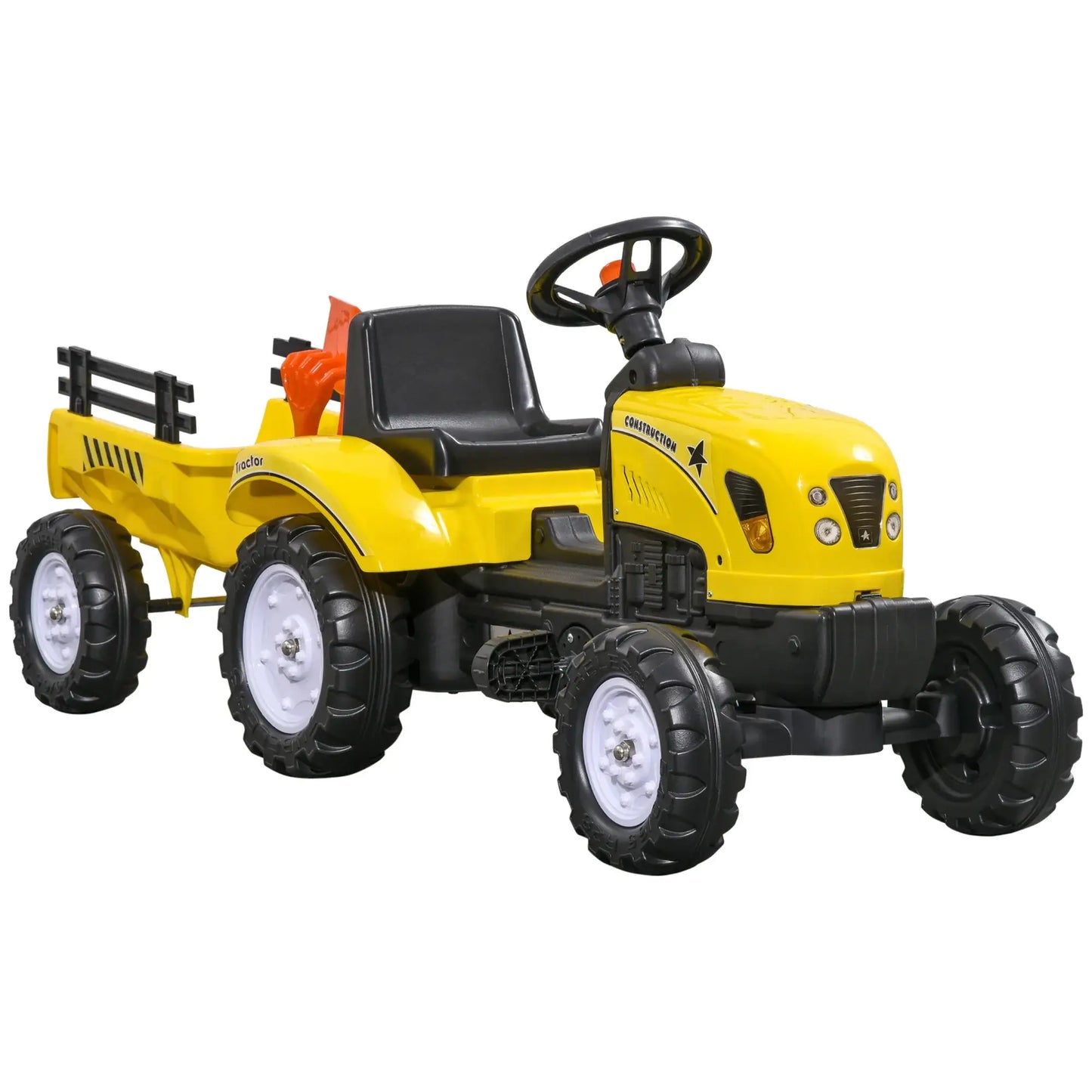 Tracteur à pédales enfant jaune avec accents noirs et remorque détachable pour enfant jouet tracteur enfant