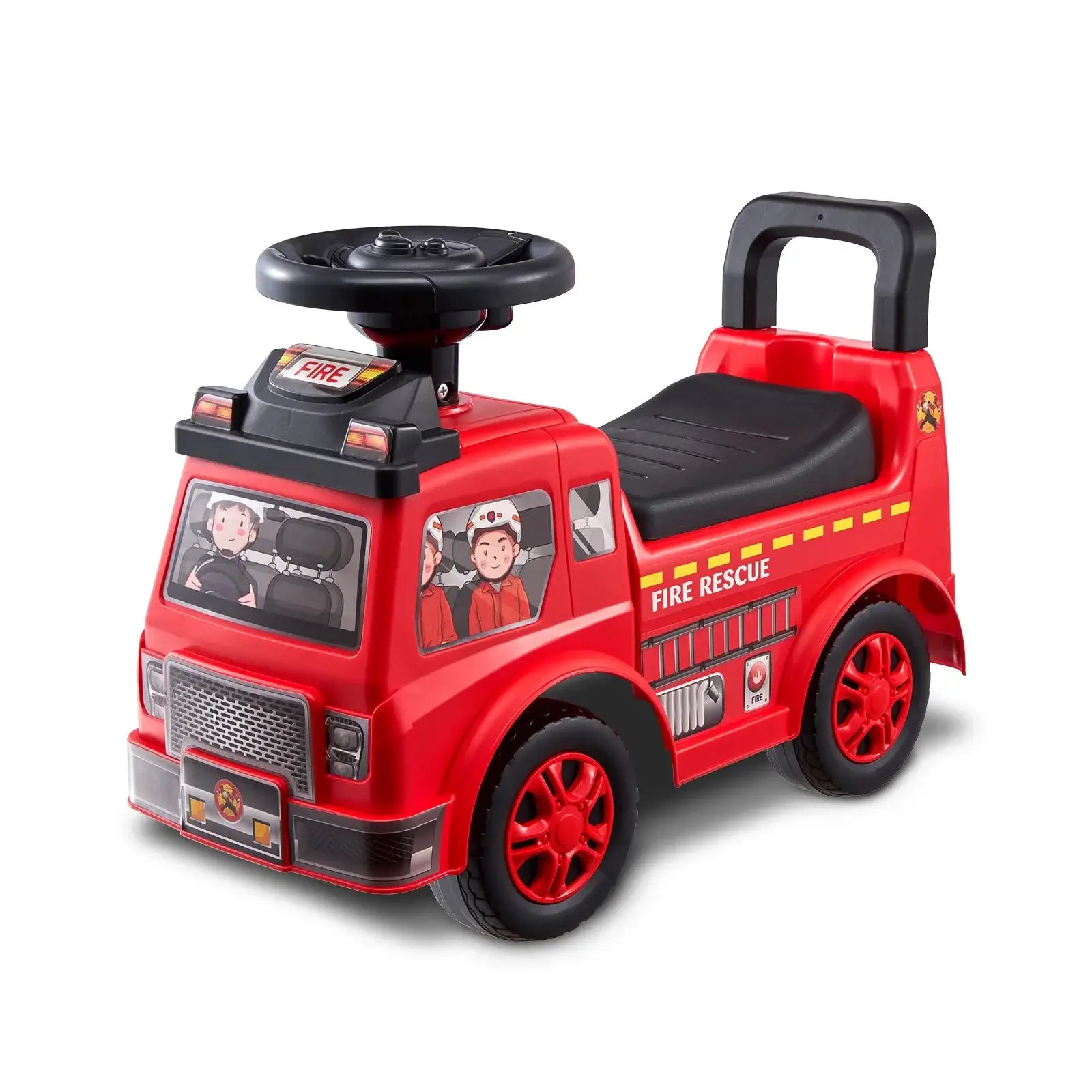 Voiture jouet enfant rouge en plastique avec volant musical noir et rangement intégré pour les tout-petits