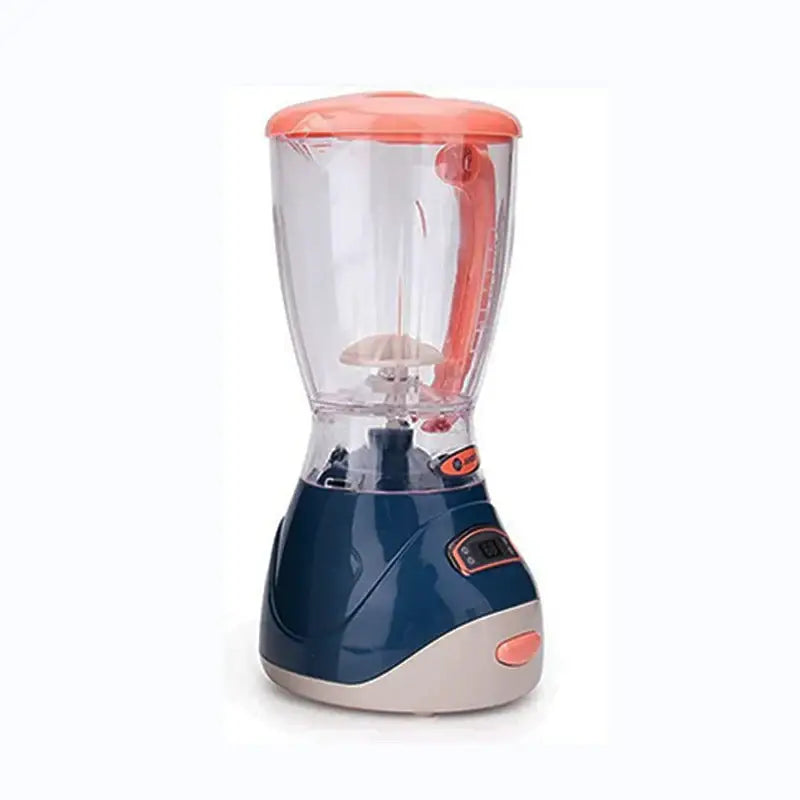 Un blender moderne avec container transparent et couvercle corail sur base bleu marine beige, appareils chef cuisinier