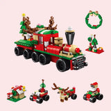 Train de noël magique garanti en plastique abs rouge et vert avec roues noires sapin et bois de renne jouets de construction 7 en 1