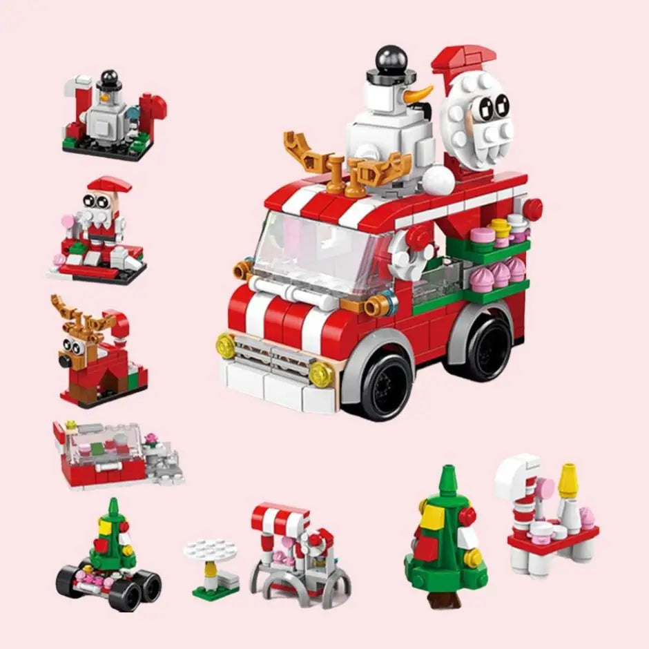 Jeu de construction 7 en 1 fête de noël camion alimentaire en plastique abs rouge et blanc noël magique garanti