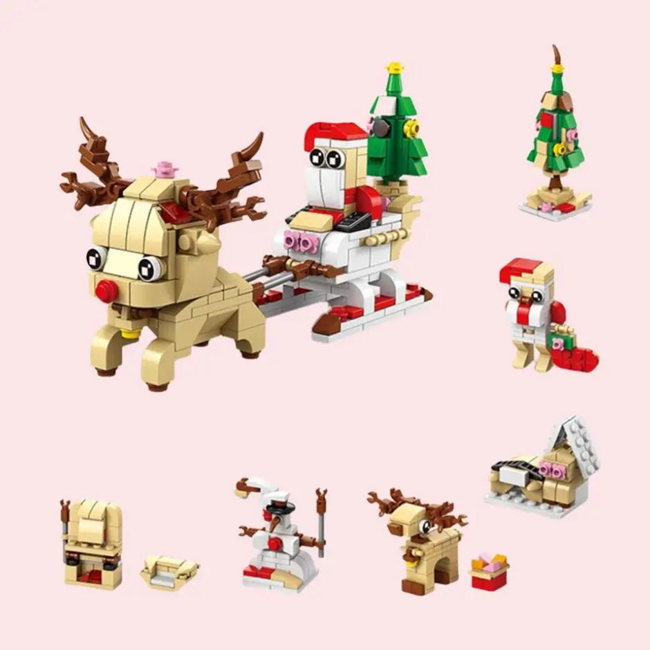 Lego noël magique garanti reindeer beige et marron en plastique abs tirant un traîneau blanc avec père noël jouet 7 en 1 fête de noël