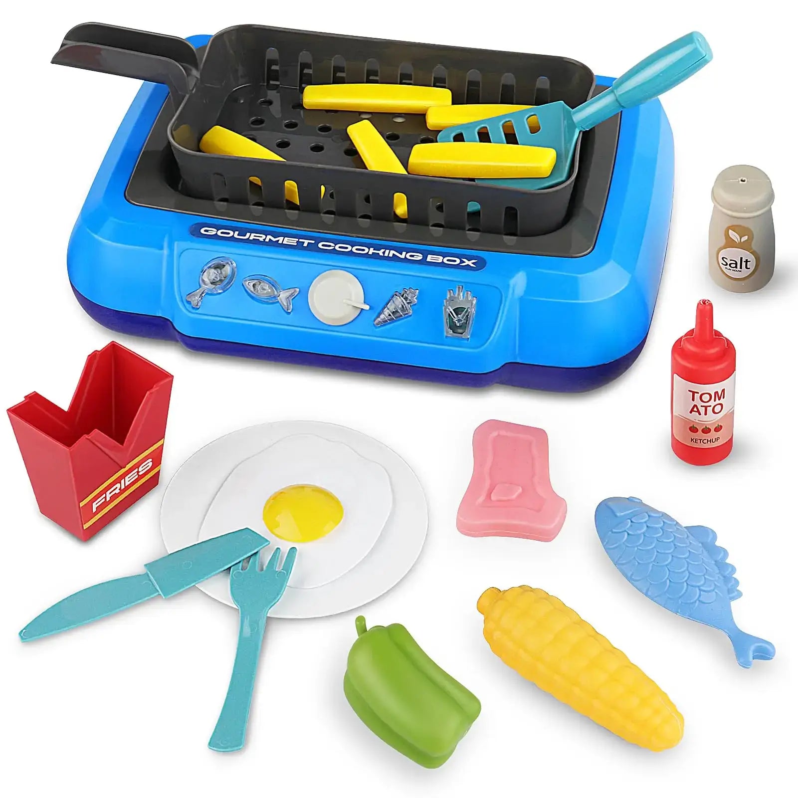 Boîte de cuisine couleur changeante en plastique bleu avec surface de grillade noire et accessoires alimentaires colorés
