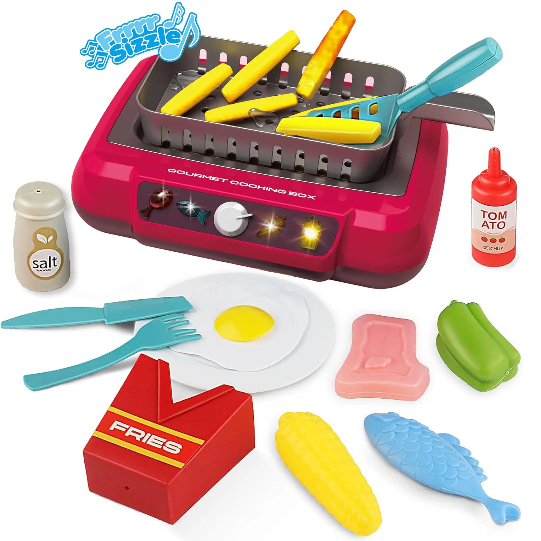 Jouet de cuisine couleur changeante avec grill en plastique rose, surface grise, ustensiles colorés et faux aliments