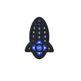 Jouet de dentition bébé en caoutchouc noir en forme de télécommande fusée avec boutons bleus et bouton rouge pour gencives douloureuses
