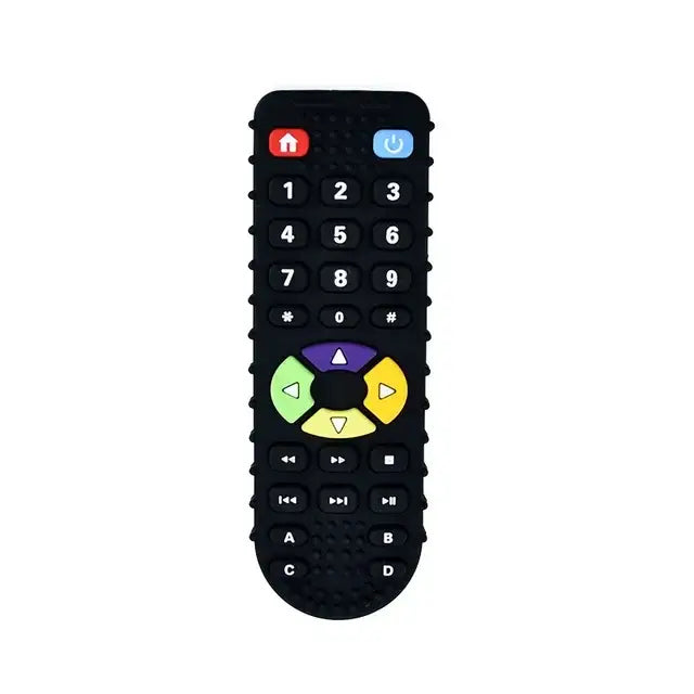 Télécommande en silicone noire avec boutons colorés et textures variées pour aider les gencives douloureuses de dentition bébé