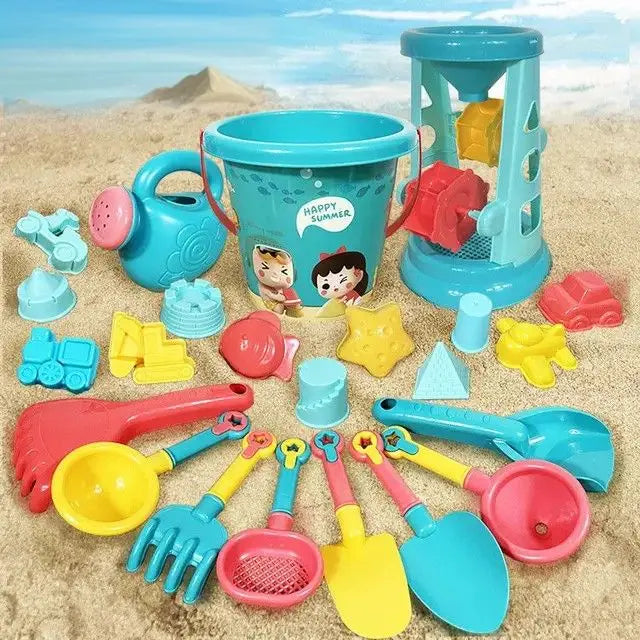 Jouets de plage enfant ensemble en plastique coloré avec seau turquoise personnages et text laissez libre cours aux fossés extraordinaires