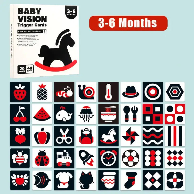 Cartes trigger bébé noir et rouge avec icônes simples sur carton rigide pour jeux visuels 3-6 mois