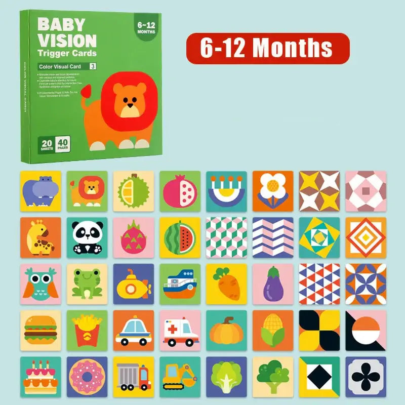Jeu d’eveil bebe vert pour nourrissons 6-12 mois avec cartes trigger illustrées couleurs et formes animales