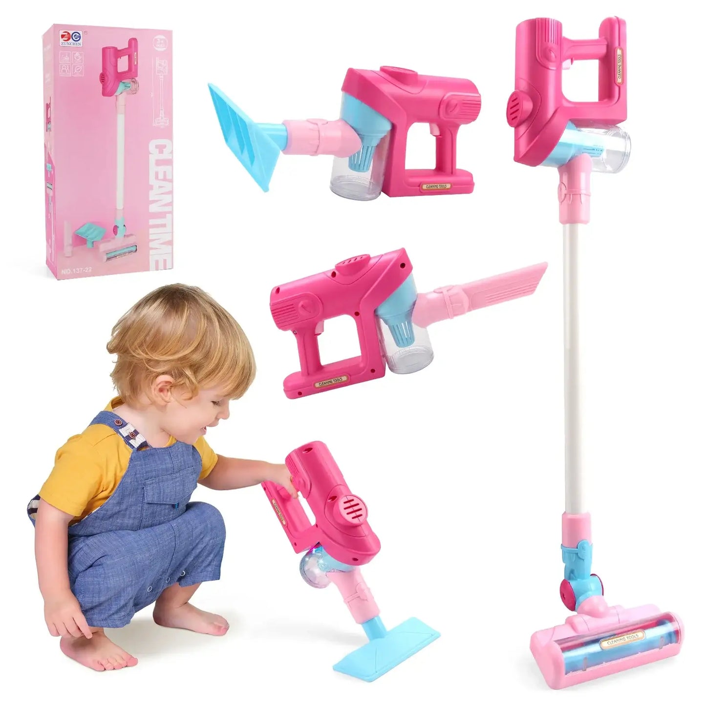 Jouet éducatif aspirateur rose et bleu clair en plastique avec parties amovibles pour éducatifs simulation ménage avec lumière et musique