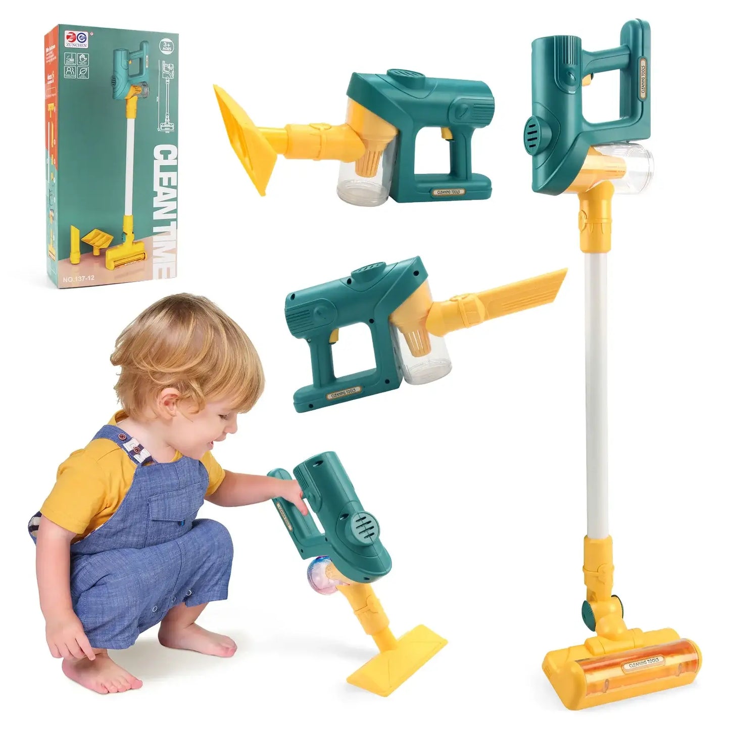 Jouet éducatif aspirateur en plastique teal et jaune avec lumière et musique pour éducatifs simulation ménage