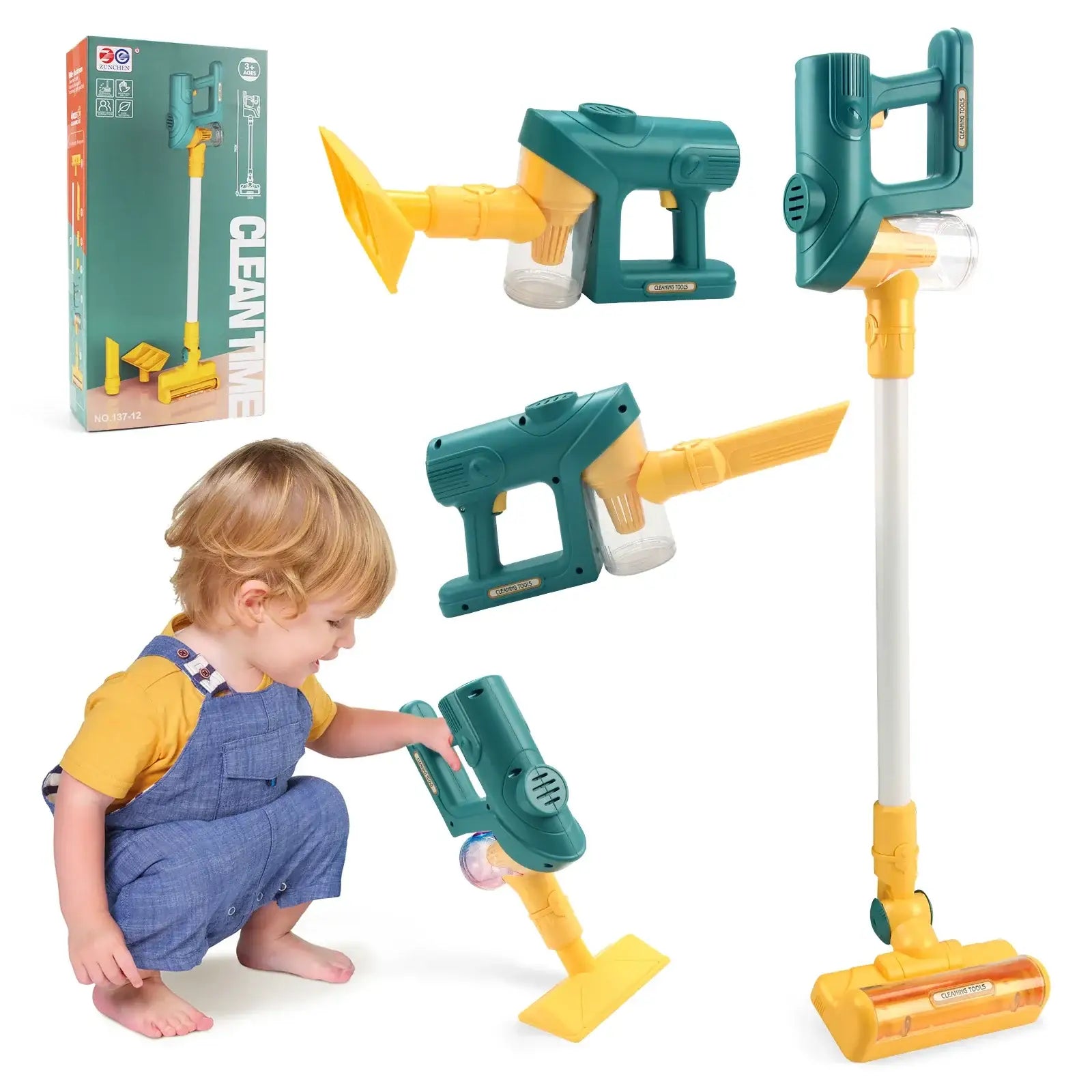 Jouet éducatif aspirateur en plastique teal et jaune avec lumière et musique pour éducatifs simulation ménage
