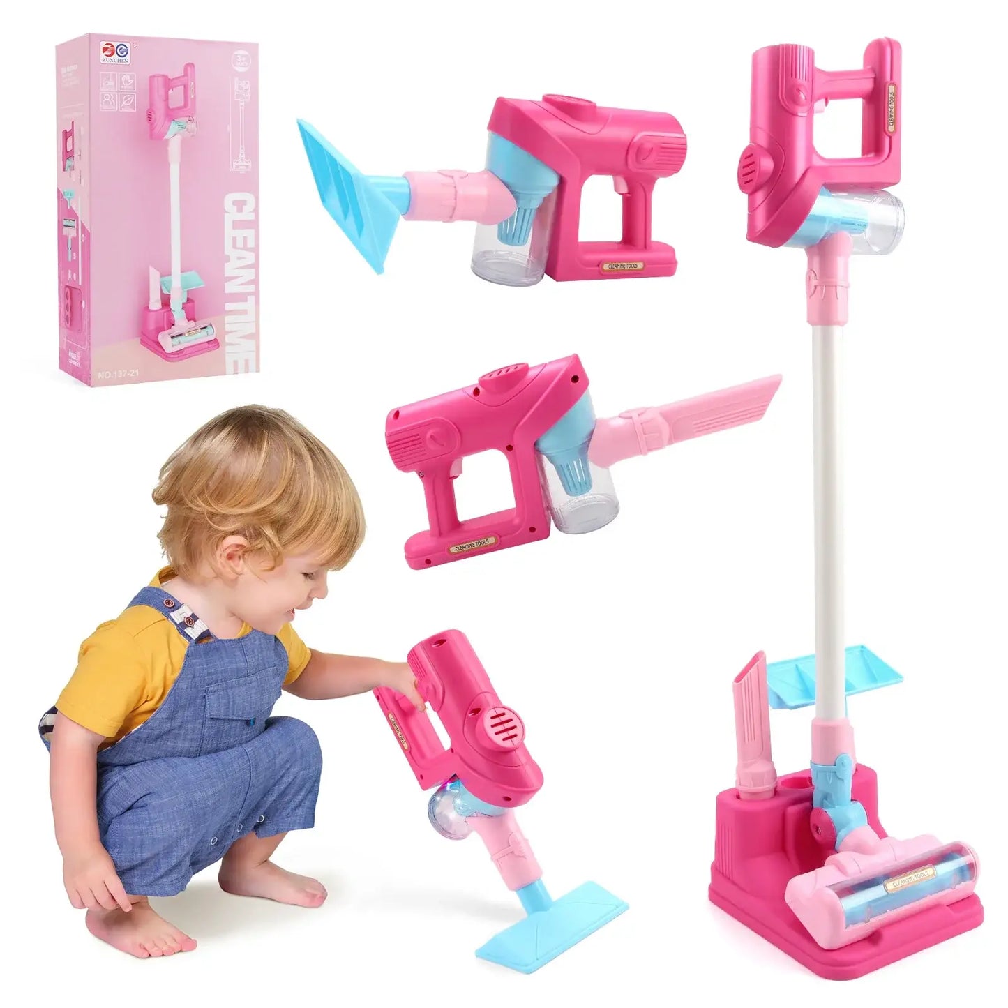 Jouet éducatif aspirateur en plastique rose et bleu avec parties détachables pour jeux éducatifs simulation ménage avec lumière et musique