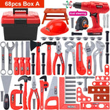 Coffret jouets imitation bricoleur enfant rouge et noir avec casque et outils électriques en plastique