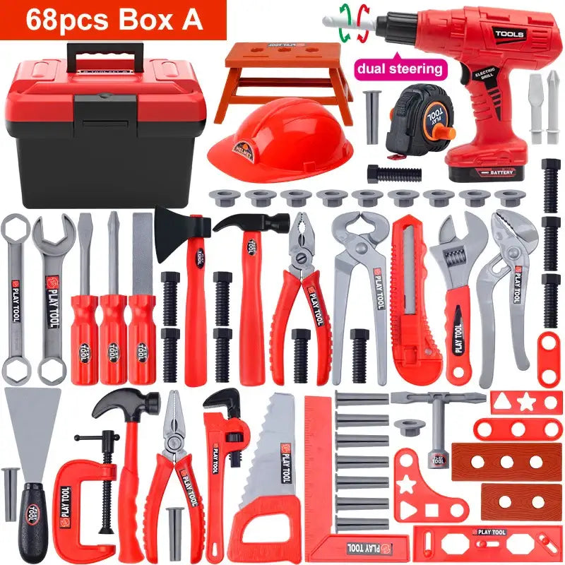 Coffret jouets imitation bricoleur enfant rouge et noir avec casque et outils électriques en plastique