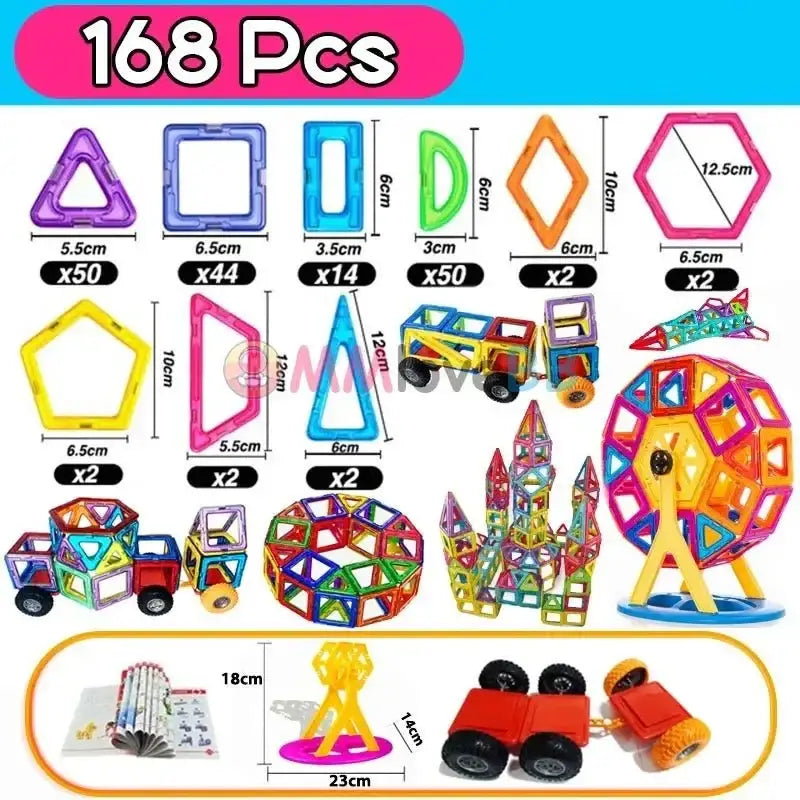 Ensemble coloré de 168 jouets magnétiques pour enfants avec formes variées offrant une expérience ludique créative