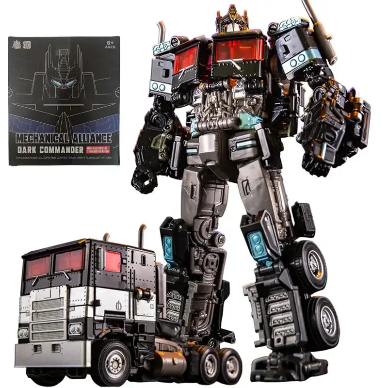Figurine optimus prime noire et argent avec accents rouges en forme de robot mécanique détaillé style camion transformer
