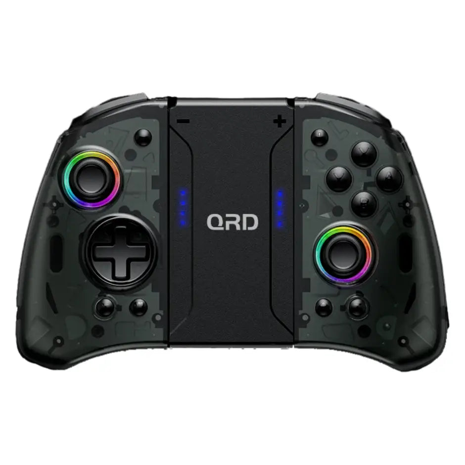 Manette switch nyxi joycons qrd stellar noire avec poignées translucides et sticks analogiques arc-en-ciel