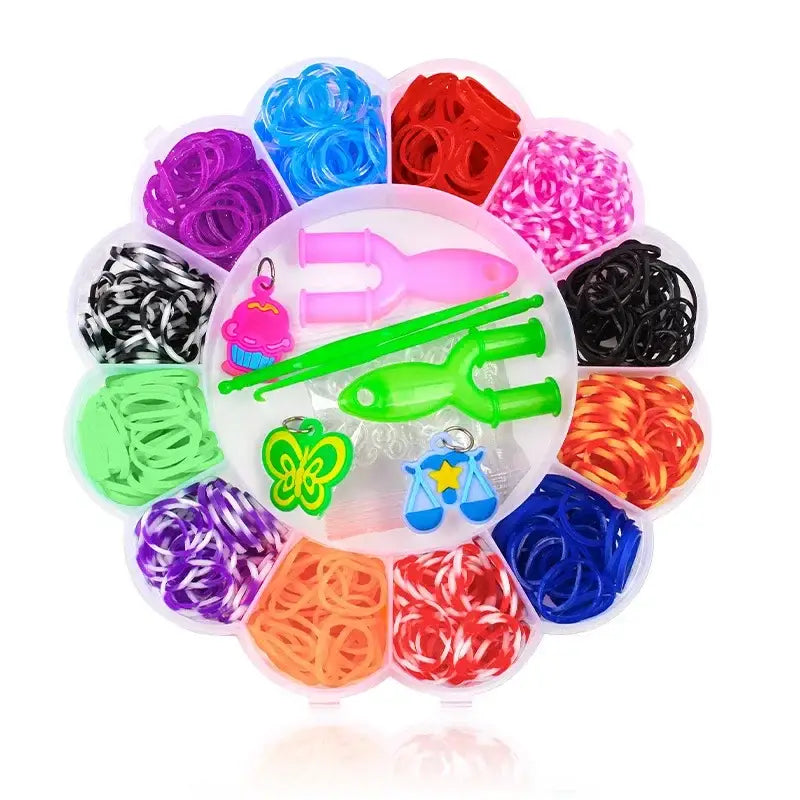 Kit bracelet élastique enfant avec 600 pièces colorées dans un coffret contient des élastiques et outils en plastique