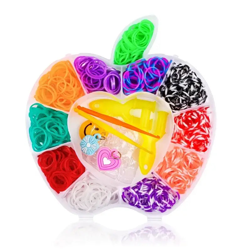 Coffret contient kit bracelet élastique enfant avec boîte en forme de pomme remplie de bandes colorées et outils de loisirs créatifs