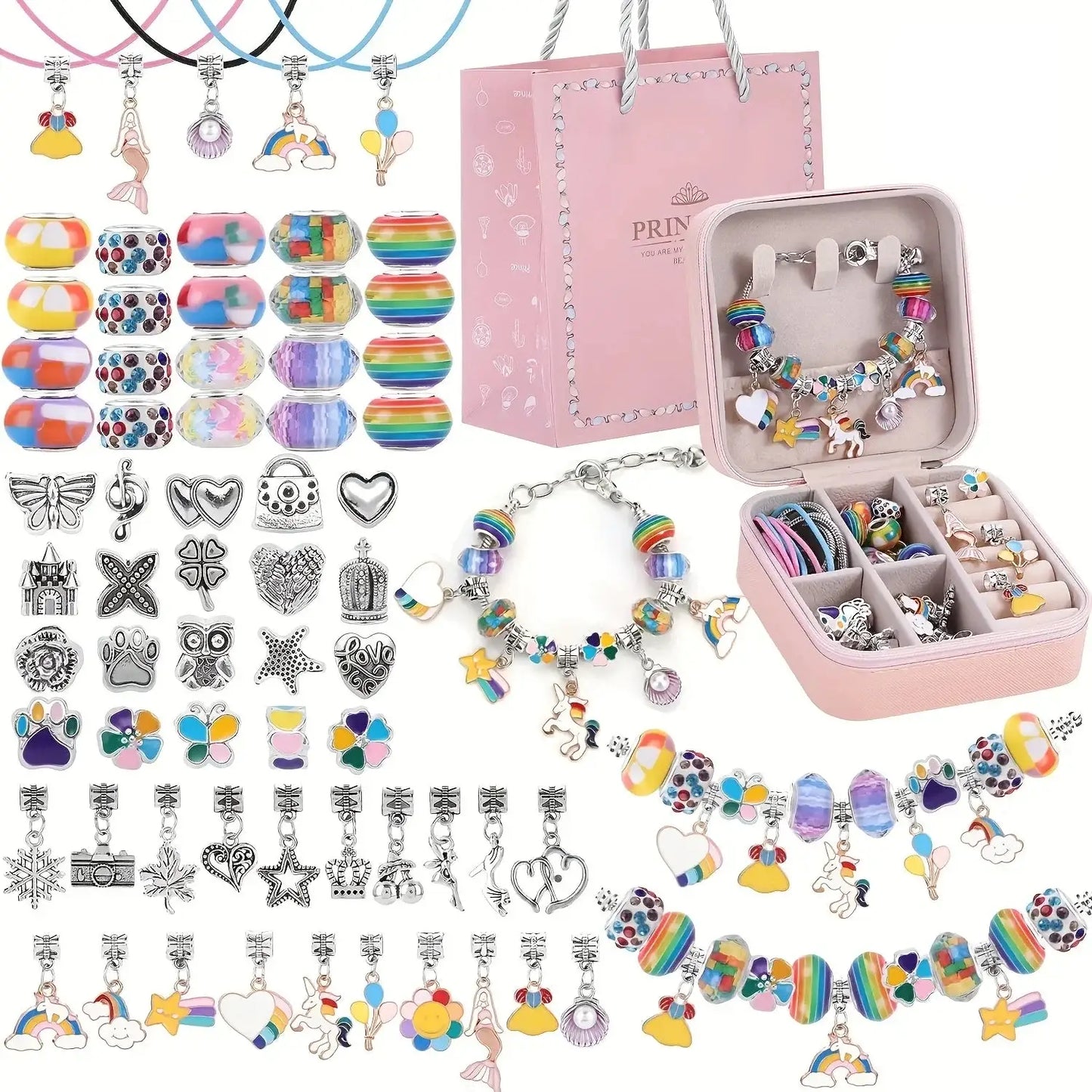 Bracelets perles kit bijoux série rose avec bracelet charm rose en perles et charms arc en ciel et licorne