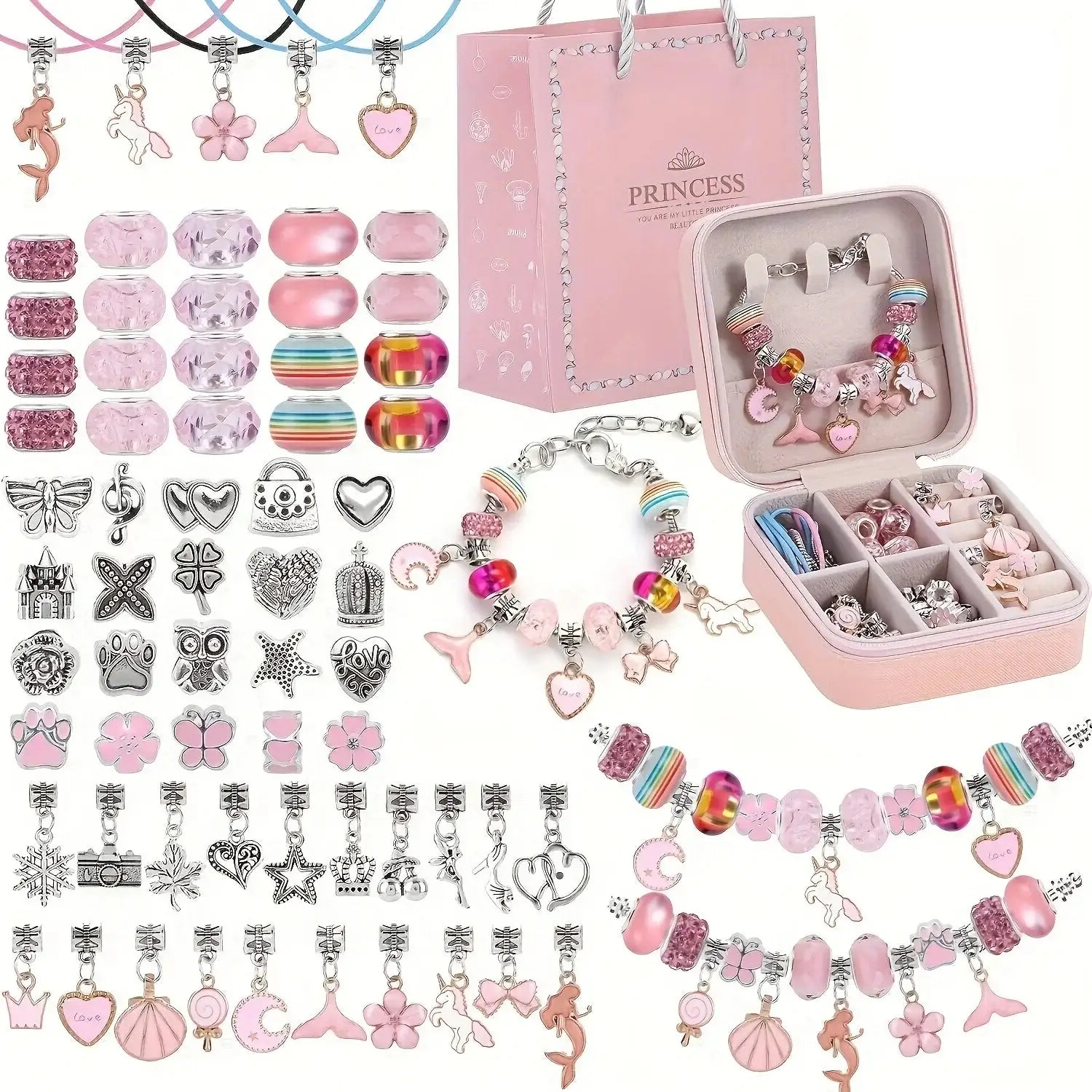 Kit création bijoux bracelets perles avec charms princesse rose en perles assorties série rose multicolore