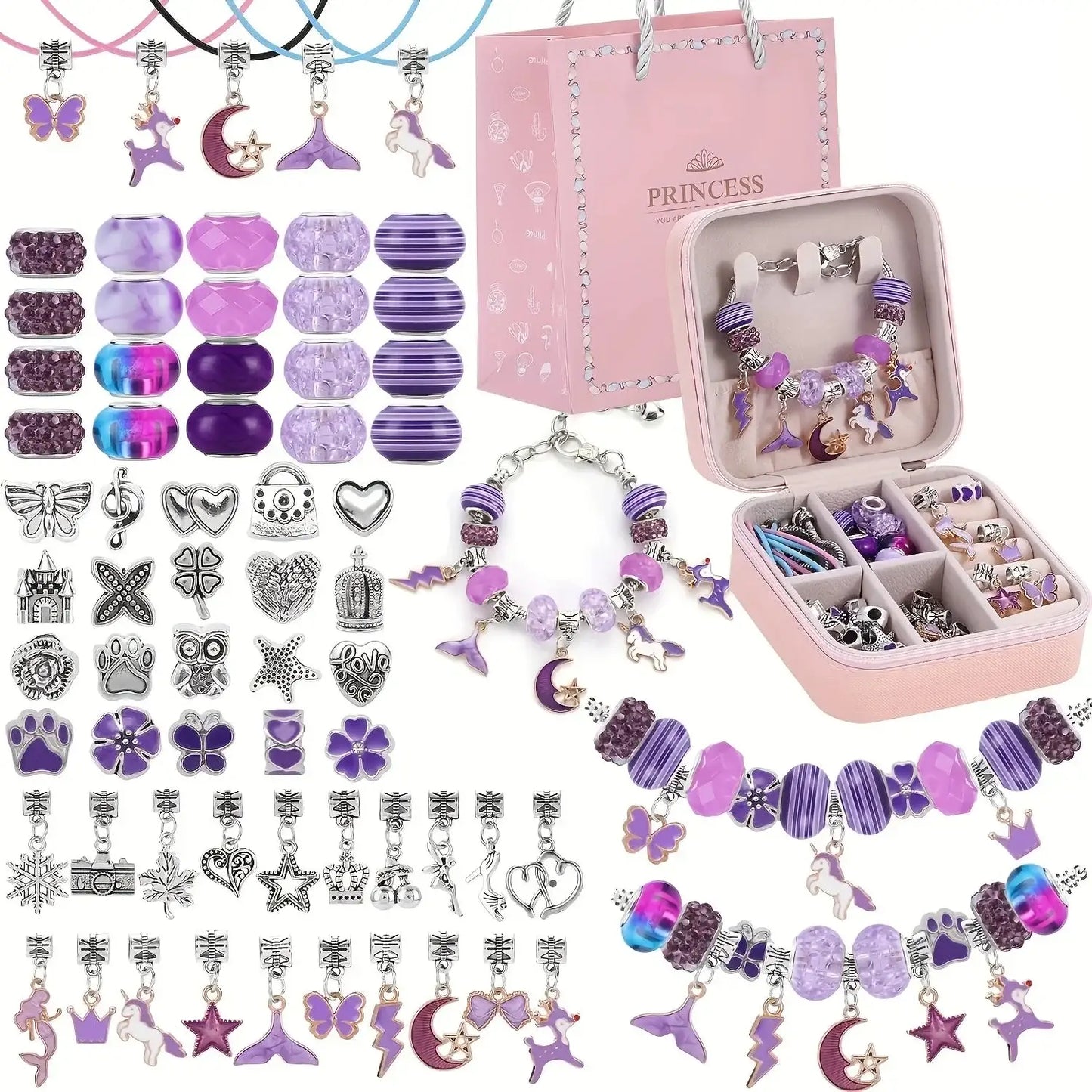 Kit bijoux création bracelets perles série rose avec perles violettes argentées et boîte de rangement assortie