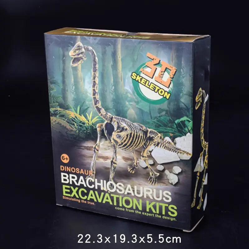 Boîte du kit d’excavation dinosaure jurassique pour enfant avec squelette 3d jaune et noir dans un décor de jungle