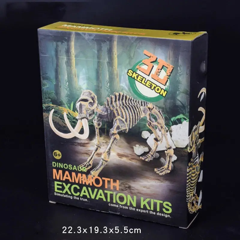 La boîte du kit d’excavation dinosaure jurassique pour enfant avec une scène préhistorique illustrée et le modèle mammouth en 3d assemblé