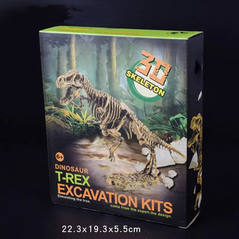 Kit d’excavation dinosaure jurassique pour enfant avec modèle beige détaillé de squelette de t-rex en 3d sur l’emballage