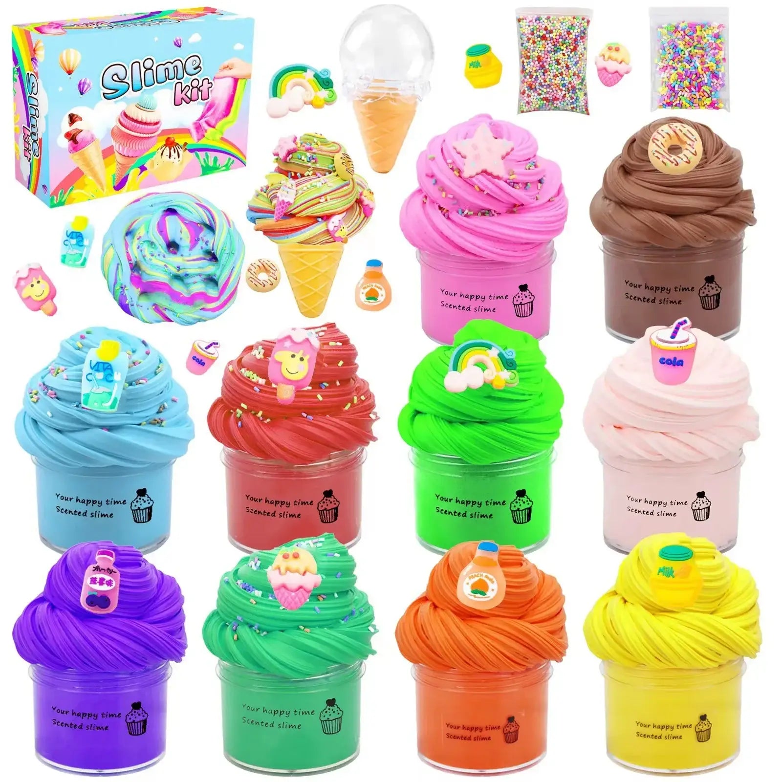 Kit slime fluffy pour enfants avec 10 pièces de slimes uniques colorés en contenants cupcake et glace avec accessoires amusants