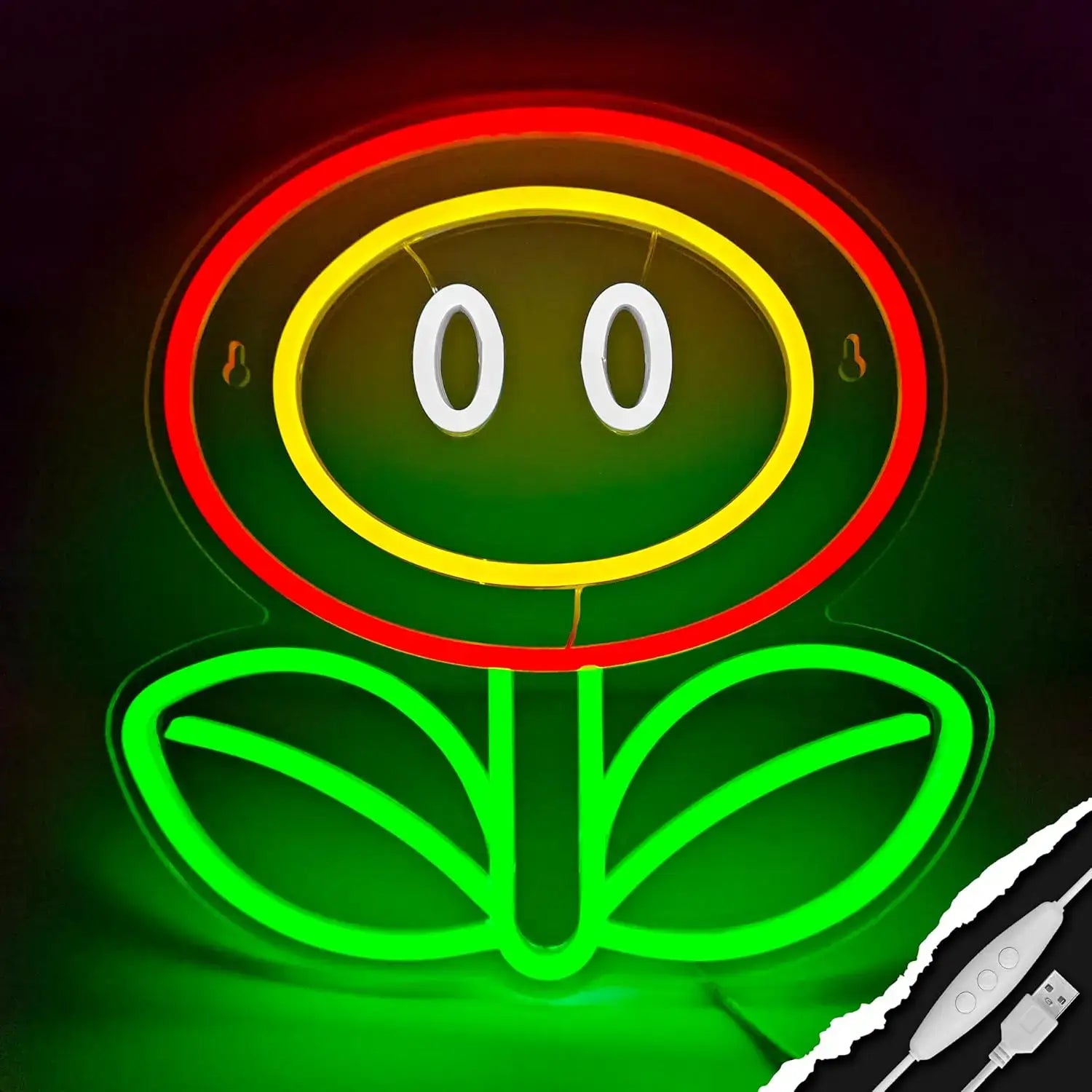 Lampe néon fleur de feu mario avec tube led rouge, jaune et vert en forme de fleur souriante lumineuse