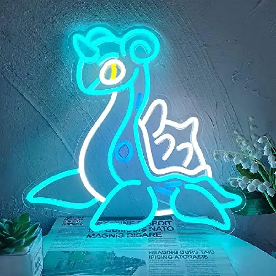 Lampe néon pokemon lokhlass turquoise avec œil jaune lumineux et contour blanc pour décoration intérieure