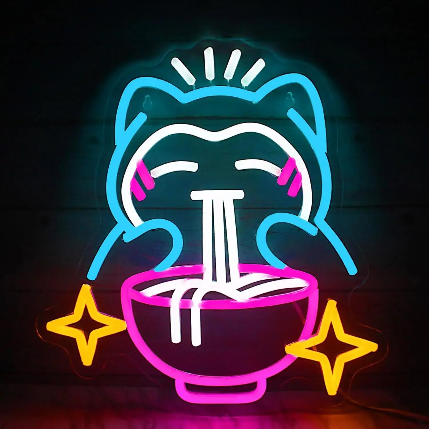 Lampe néon ronflex avec design unique représentant un chat bleu joyeux mangeant des nouilles dans un bol rose vibrant