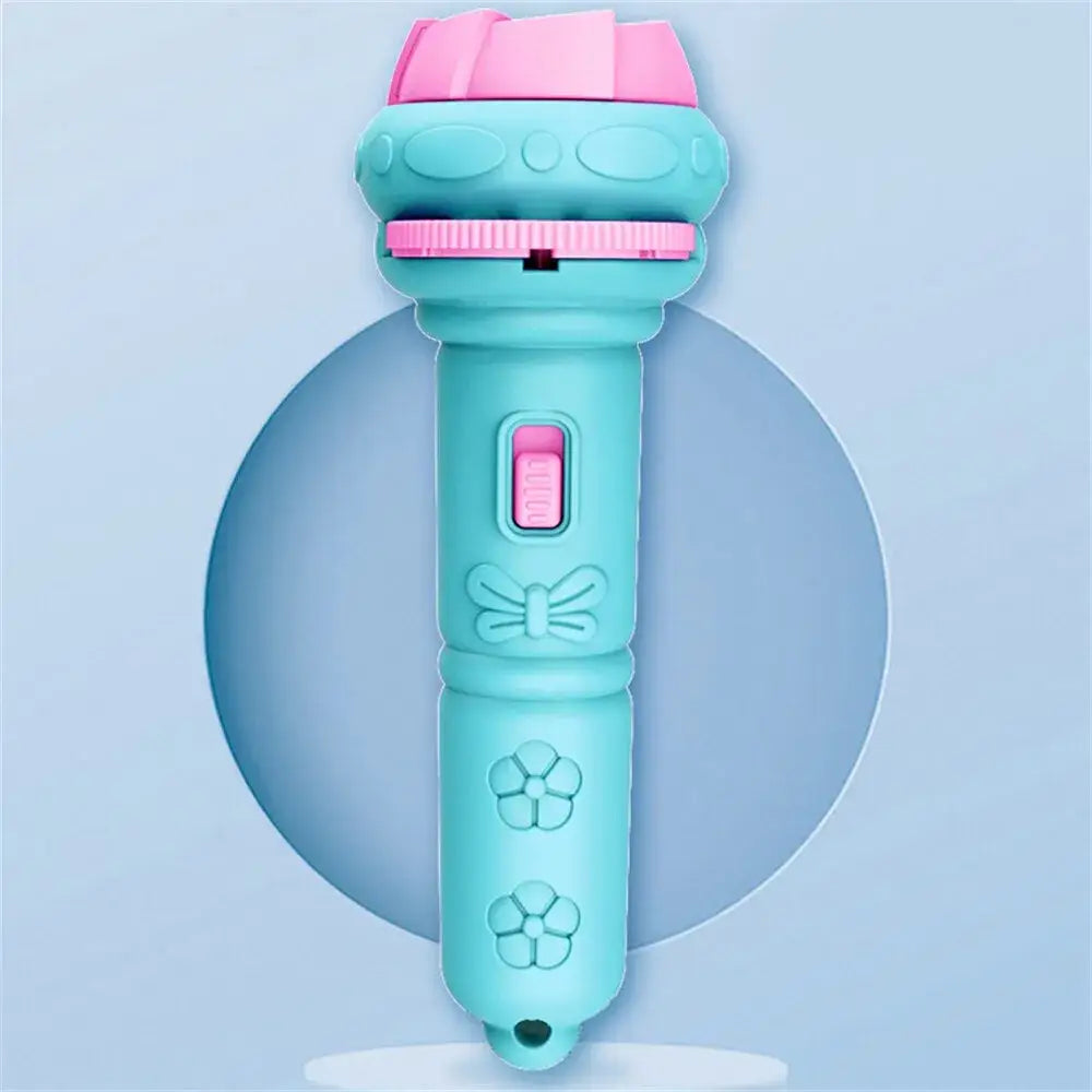 Lampe poche projection anime pour enfants avec microphone turquoise et rose motifs captivants projetés et interrupteur sur le côté