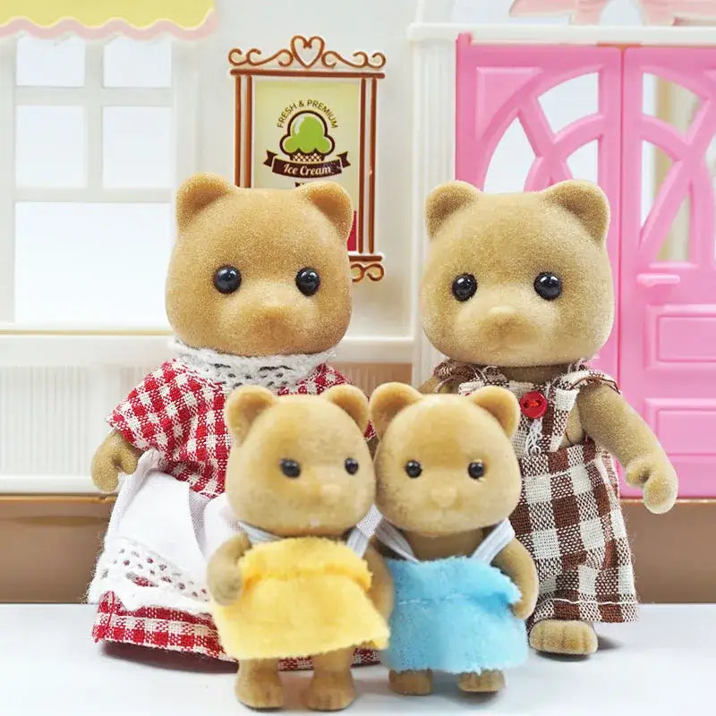 Une famille de quatre figurines dours sylvanian tan habillées de vêtements textiles à motifs carreaux pour mini peluches pâques