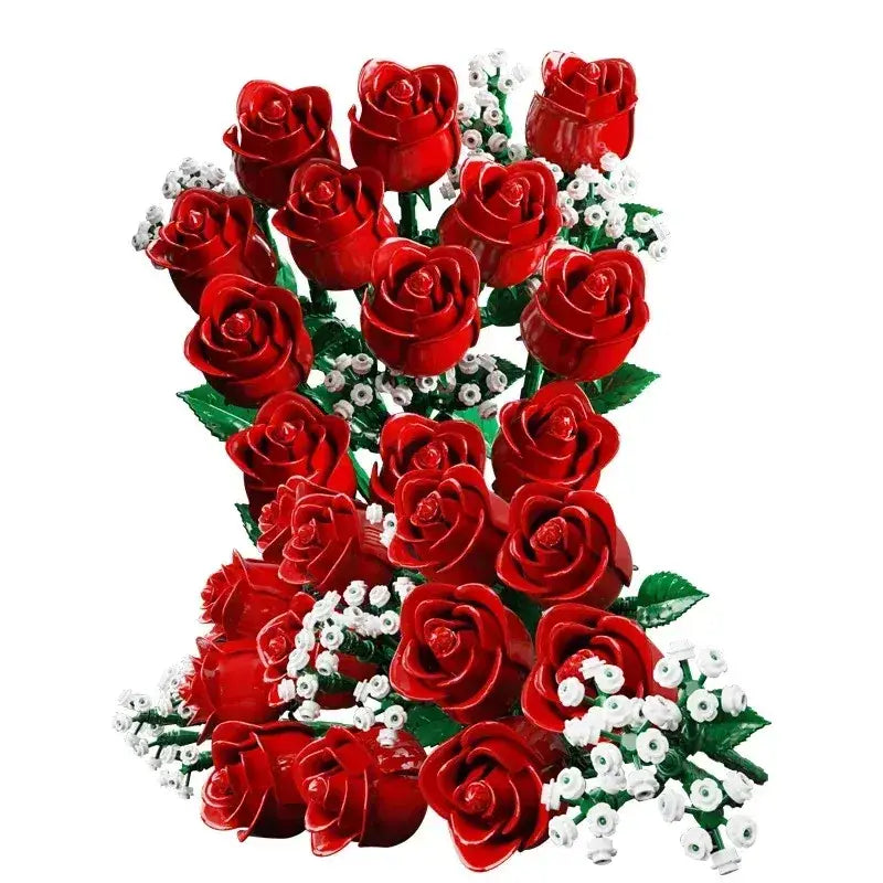 Bouquet roses romantiques en lego avec roses rouges vives, fleurs blanches délicates et feuilles vertes en plastique