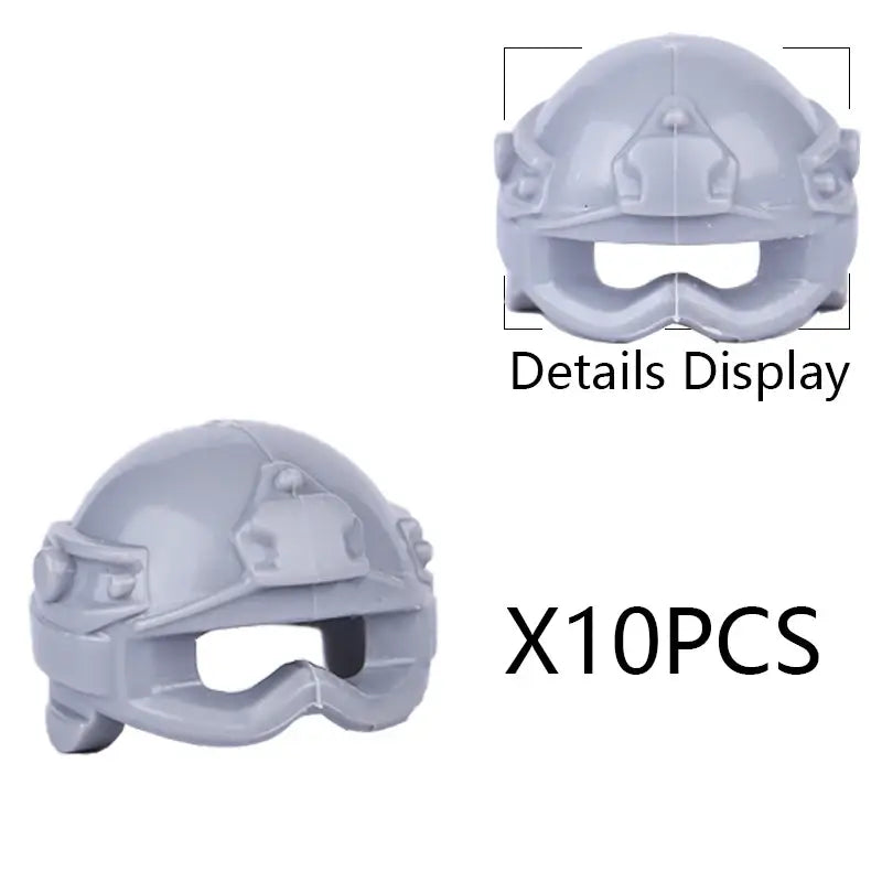 Casque tactique gris en plastique lego moc avec visière moulée et accessoires latéraux pour lego militaire ww2
