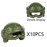 Olive green plastic tactical helmet with integrated goggles and side attachments for lego moc militaire accessories