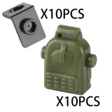 Accessoire lego moc militaire en plastique olive vert forme sac à dos avec panneau avant texturé et poignées latérales