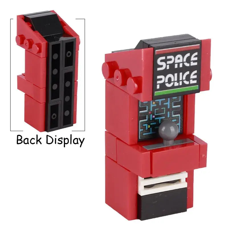 Lego moc accessoire lego adulte borne arcade space police rouge avec joystick gris et circuit bleu pour salle de jeux casino